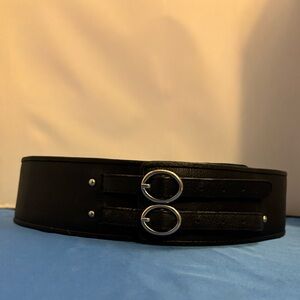 Ann Taylor double buckle wide black leather versatile genuine leather belt.